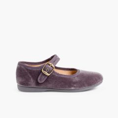 Girls Buckle Up Velvet Mary Janes Grey
