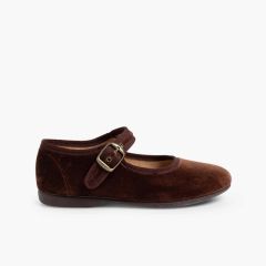 Girls Buckle Up Velvet Mary Janes Brown