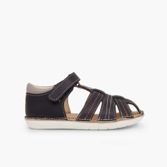 Leather sandals boys with loop fasteners Navy Blue