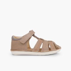 Leather sandals boys with loop fasteners Taupe