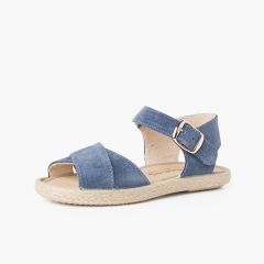 Suede Sandal with Crossed Straps and Jute Sole Blue