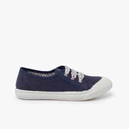 Lace-Up Rubber Toe Cap Canvas Trainers Navy Blue
