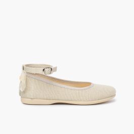  Linen Buckle Strap Ballet Flats Organza Back Bow Beige