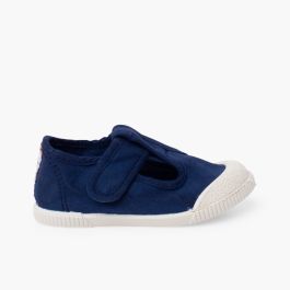 Barefoot washed canvas T-bar shoes Navy Blue