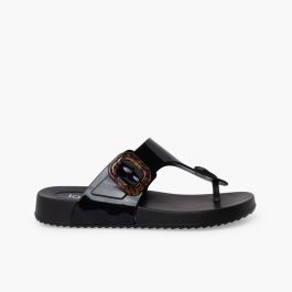 Extra light shiny toe-post sandals women Black