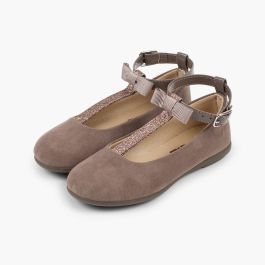  T-Bar Mary Janes with Glittery Strap Taupe