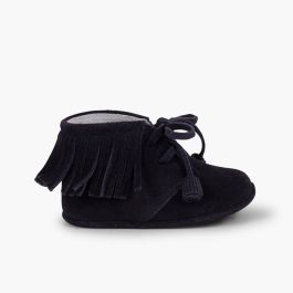 Baby Indian-style Boots with fringes and laces Navy Blue