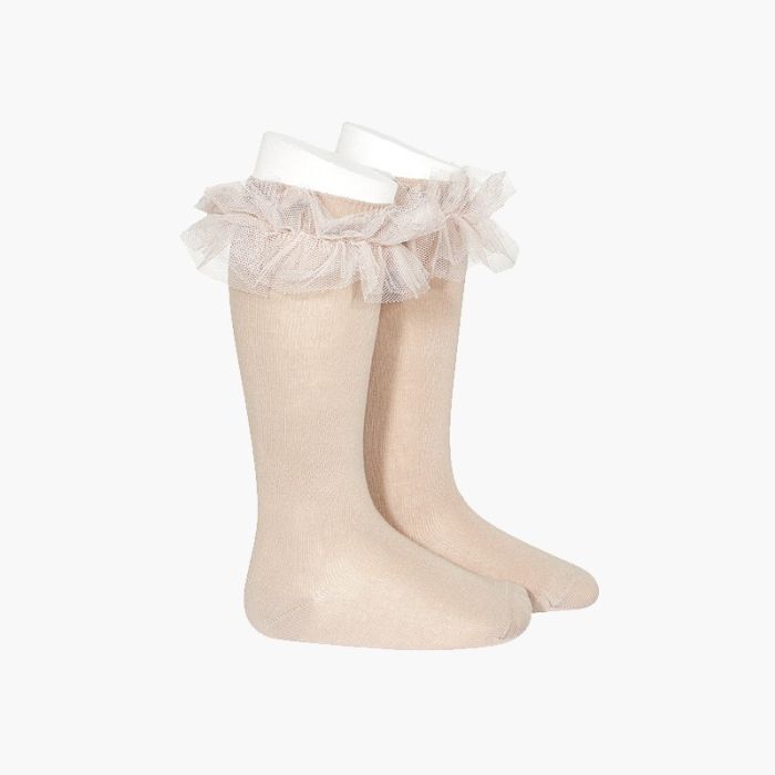  Plain high socks with tulle strip