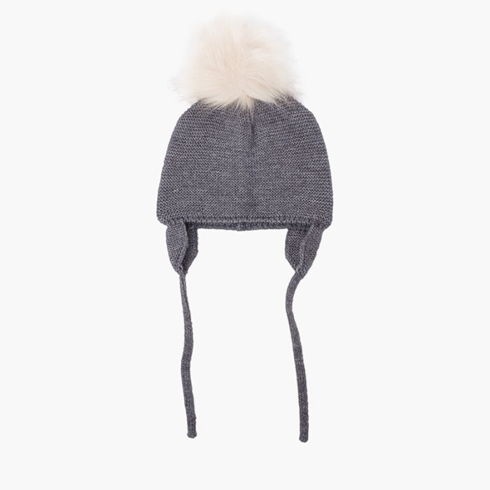 Wool hat with ear flaps and fur pompom