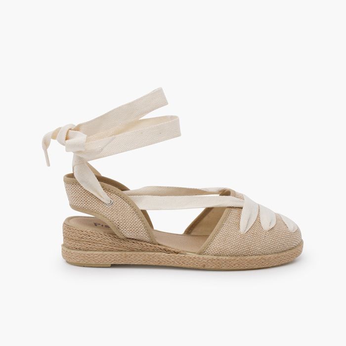 Goyesque linen espadrilles ecru ribbons and wedge