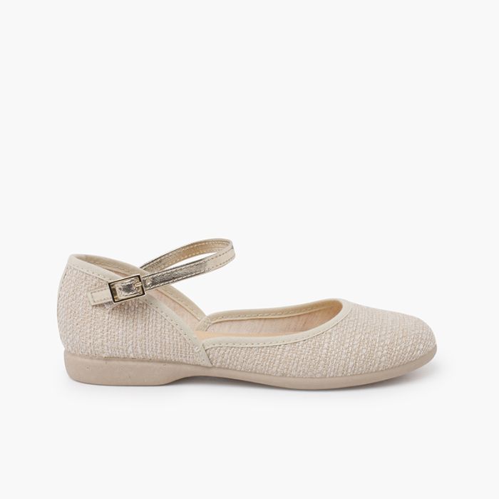 Low-cut linen mary janes metallic coloured bracelet