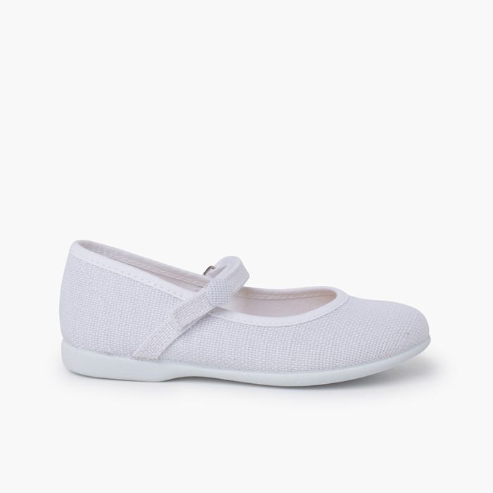 Linen mary janes hook-and-loop strap and button