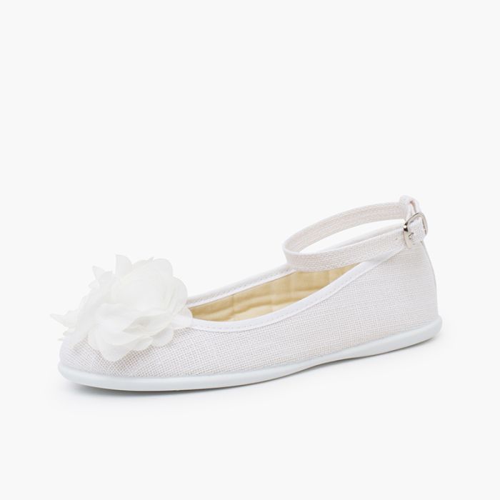 Linen ballet flats ankle strap gauze flower