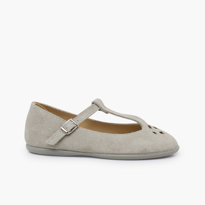 Perforated suede mary janes T-bar strap