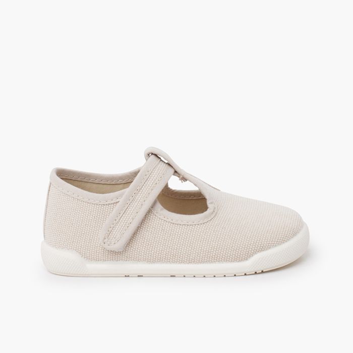 Barefoot rustic canvas T-bar shoes hook-and-loop strap