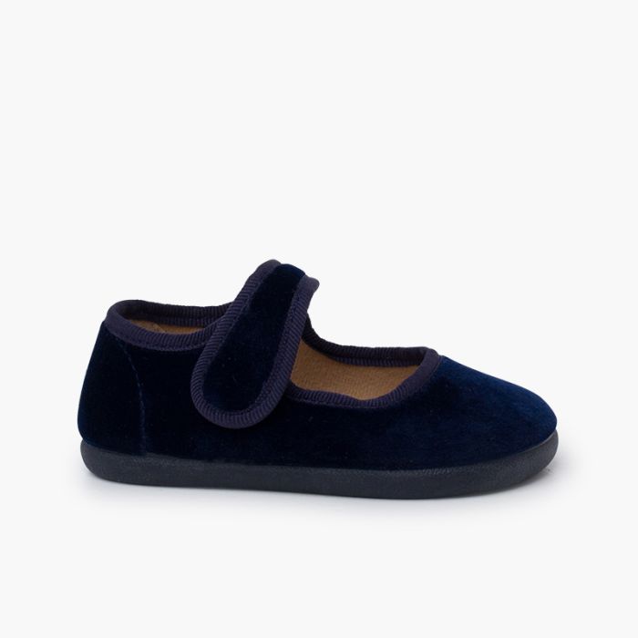 Velvet barefoot mary janes hook-and-loop strap