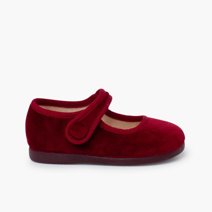 Velvet mary janes hook-and-loop fastening button