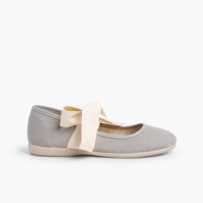 Linen Mary Janes With Beige Bow
