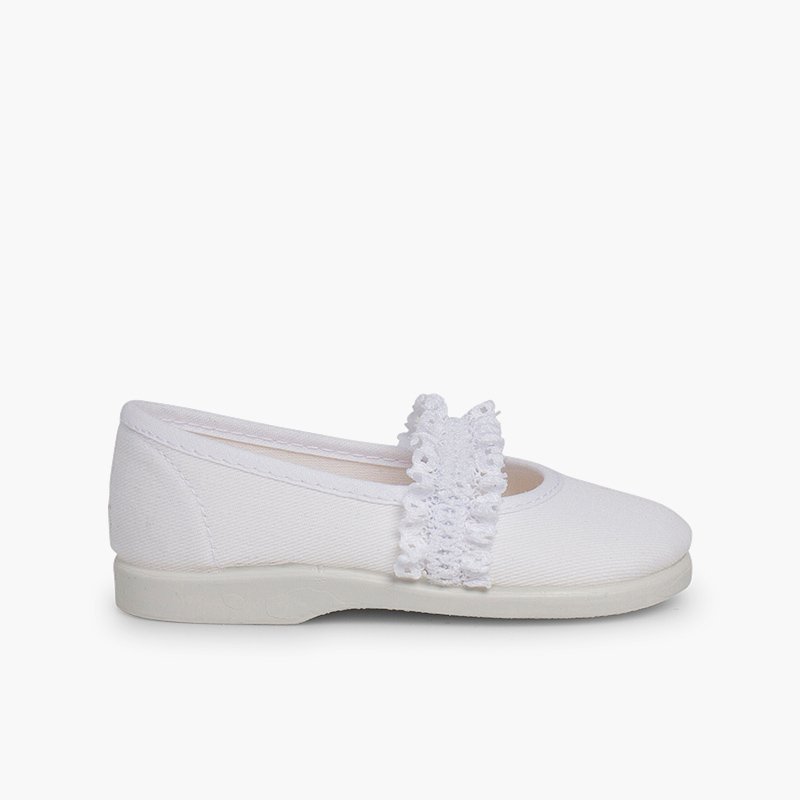 Girls' Mary Janes with Elasticated Lace Strap White