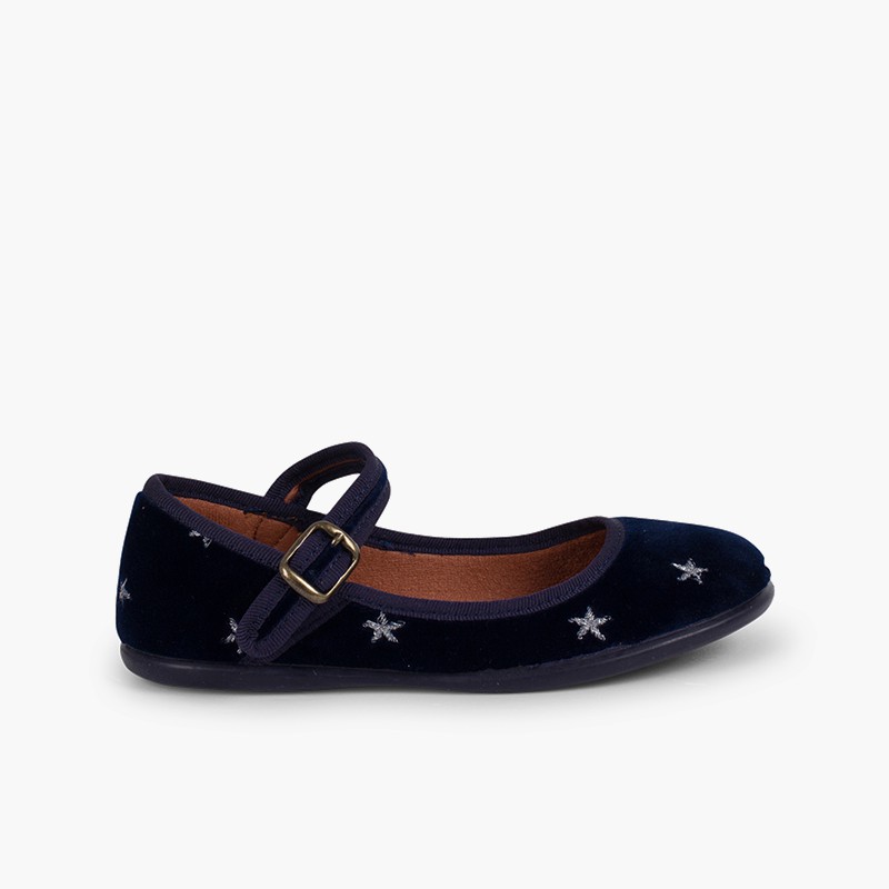 Girls' Velvet Low-Vamp Mary Janes Little Stars Navy Blue