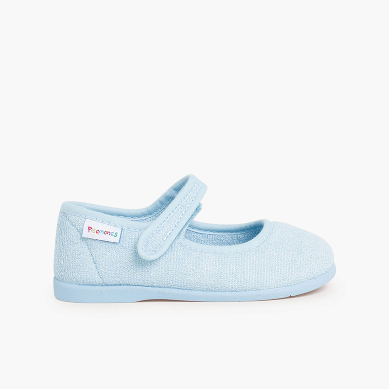 Girls Towelling Bouclé Mary Jane Slippers Sky Blue