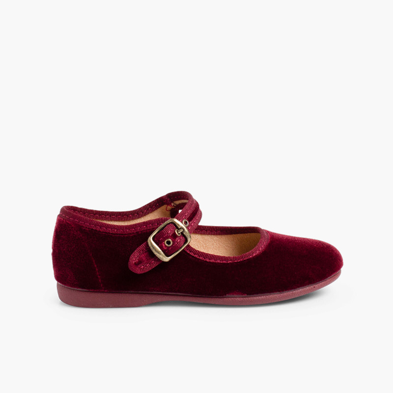 Girls Buckle Up Velvet Mary Janes Burgundy