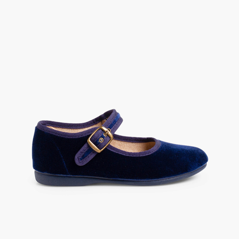 Girls Buckle Up Velvet Mary Janes Navy Blue