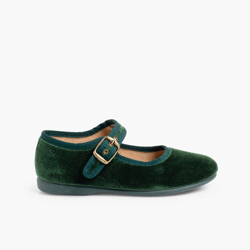 Girls Buckle Up Velvet Mary Janes Green