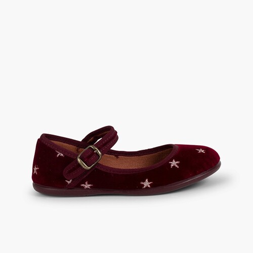 Girls' Velvet Low-Vamp Mary Janes Little Stars Burgundy