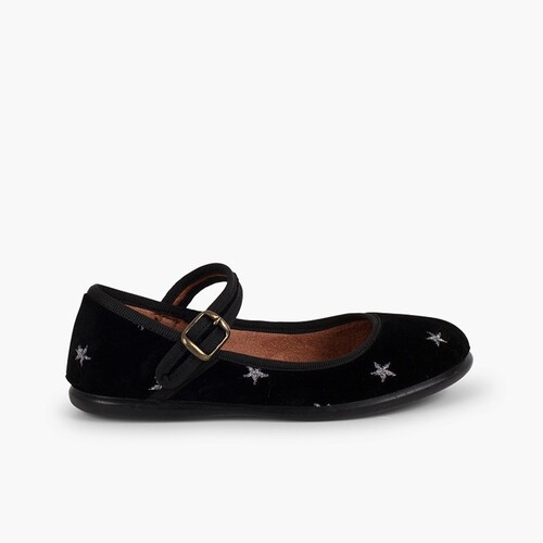 Girls' Velvet Low-Vamp Mary Janes Little Stars Black