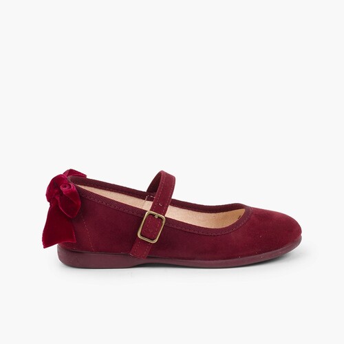 Buckle Mary Janes Velvet Bow in Back Burgundy