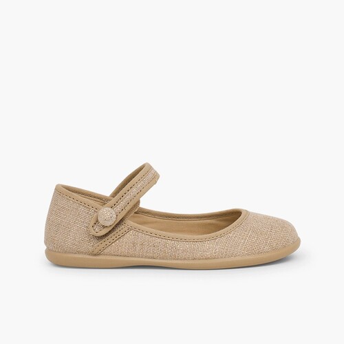 Girls Metallic Linen Mary Janes with loop fasteners Light Brown