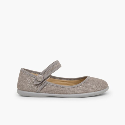 Girls Metallic Linen Mary Janes with loop fasteners Grey