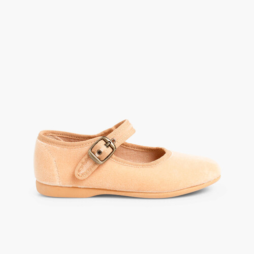Girls Buckle Up Velvet Mary Janes Camel