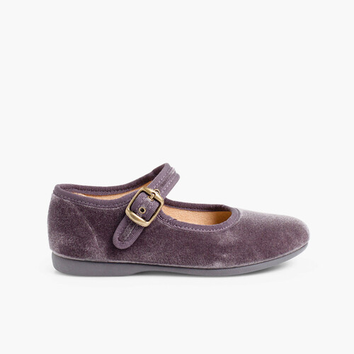 Girls Buckle Up Velvet Mary Janes Grey