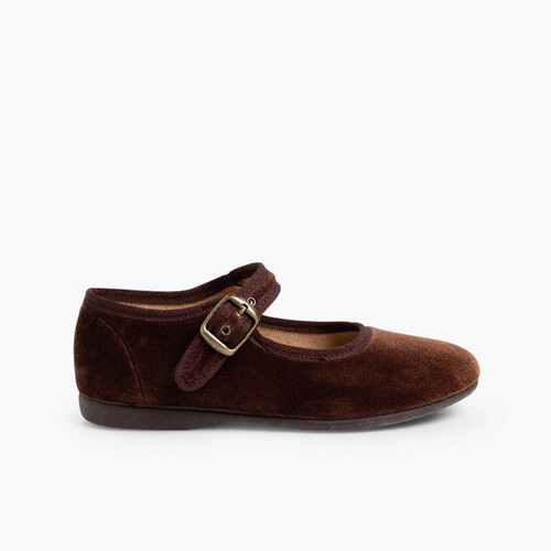 Girls Buckle Up Velvet Mary Janes Brown