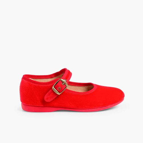 Girls Buckle Up Velvet Mary Janes Red