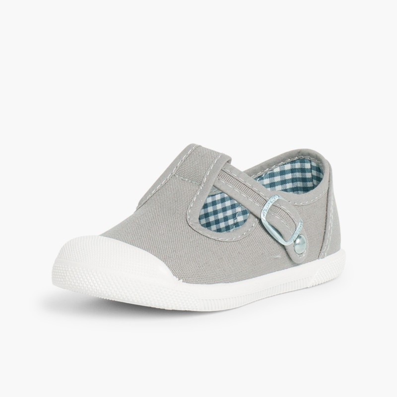 Boys T-Bar Canvas Shoes Rubber Toe Grey