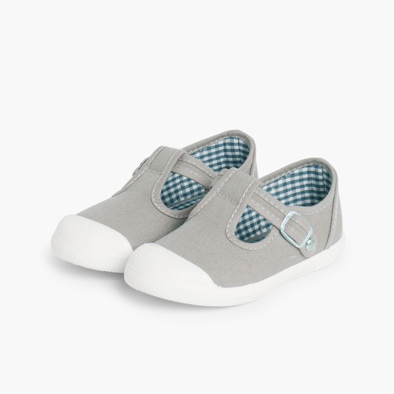 Boys T-Bar Canvas Shoes Rubber Toe Grey