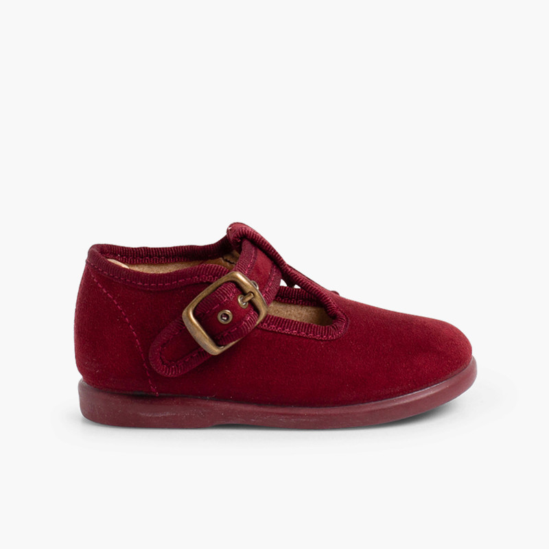 Boys Faux Suede T-Bar Shoes Burgundy
