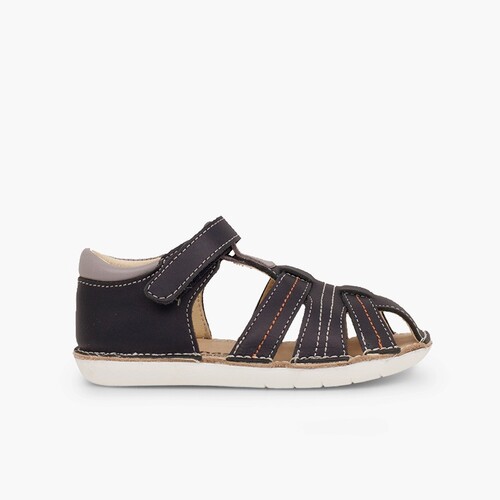 Leather sandals boys with loop fasteners Navy Blue