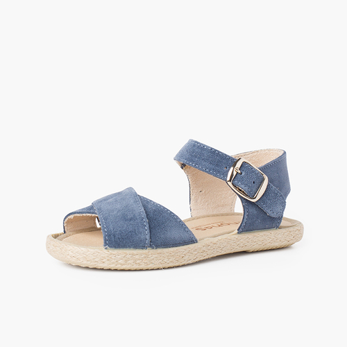 Suede Sandal with Crossed Straps and Jute Sole Blue