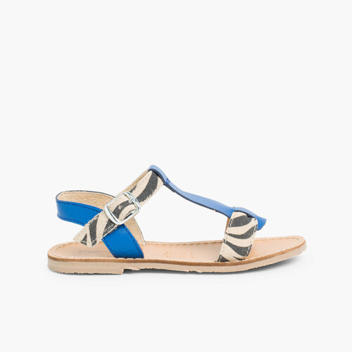 Animal Print Leather Sandals Deep Blue