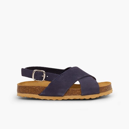 Cross strap sandals in nubuck for kids Navy Blue
