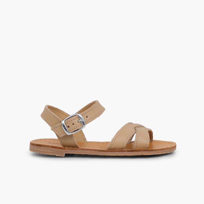 Plain Crossed Strap Flat Sandals Sand