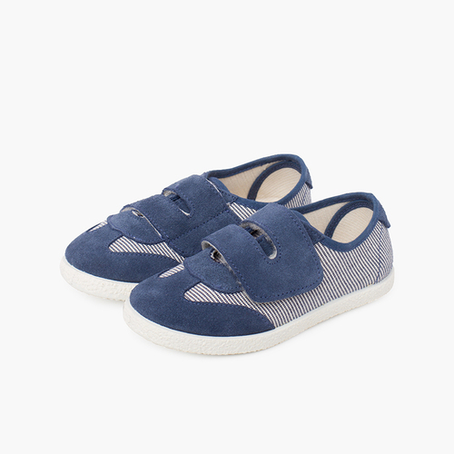 Striped and Suede Sneakers Double Riptape Strap Navy Blue