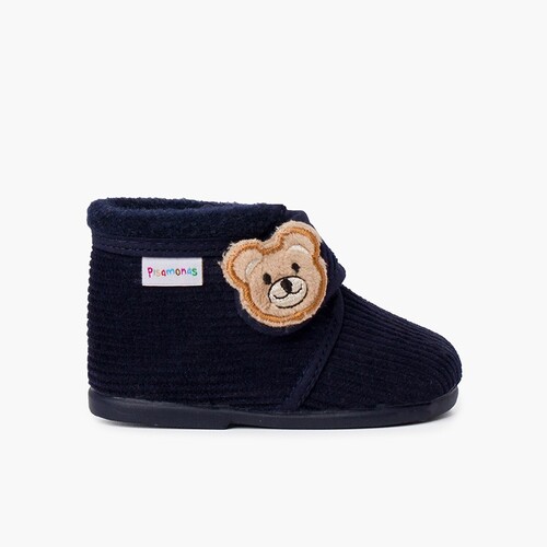 Kids Corduroy Slipper Boots Bear Navy Blue