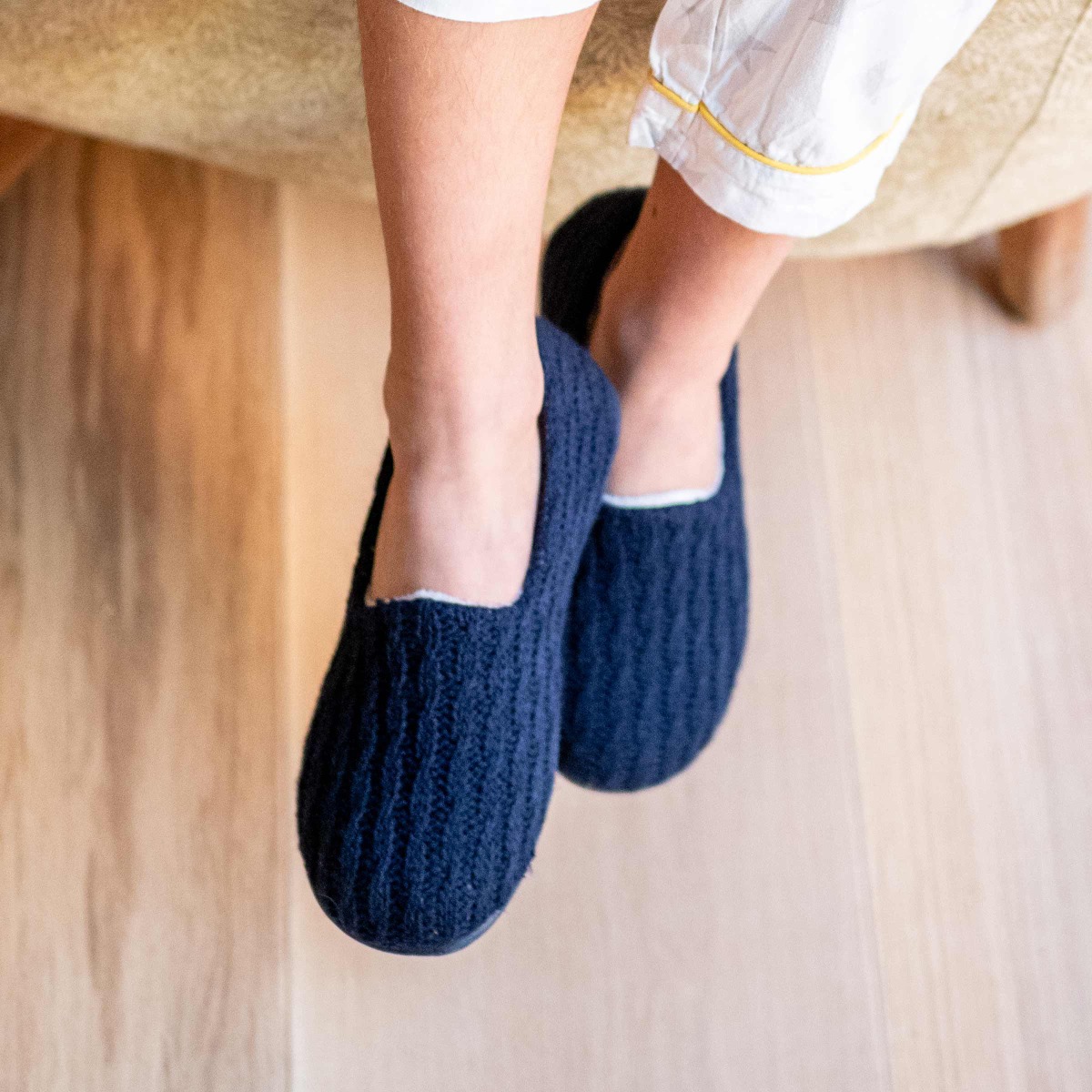 Kids Cable Knit Slippers Navy Blue