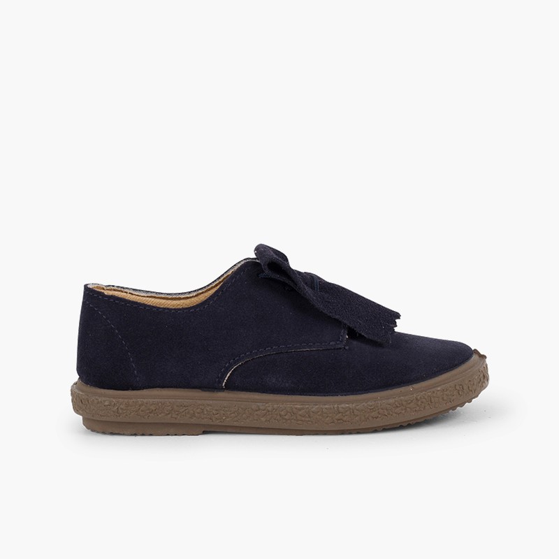 Smooth Suede Fringe Bluchers Navy Blue